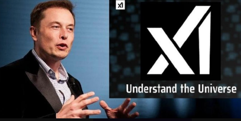 Na snímke Elon Musk a logo spoločnosti xAI