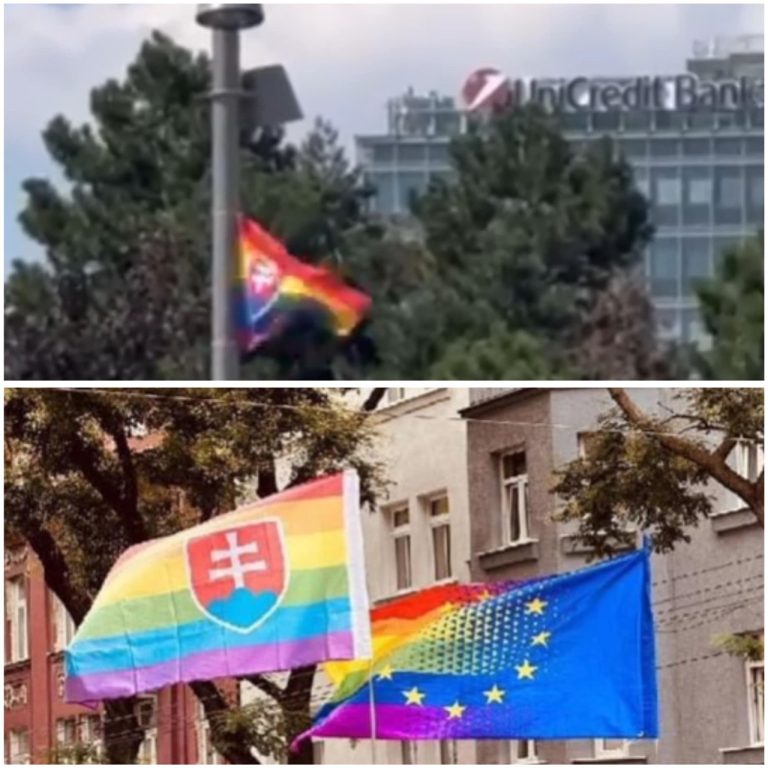 Dúhové vlajky na Námestí slobody v Bratislave počas júlového pochodu Pride